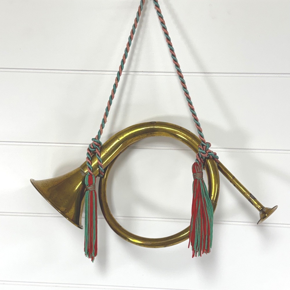 Vintage Brass French Horn Medium Brass instrument decor Red Green Tassels Wreath
